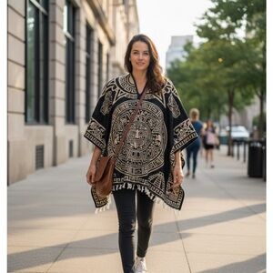 Black and Beige Patterned Poncho
